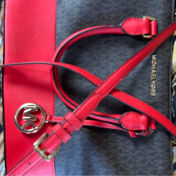 Michael Kors Savanna Medium Satchel Tote Handbag Brown and Red - Picture 7 of 10